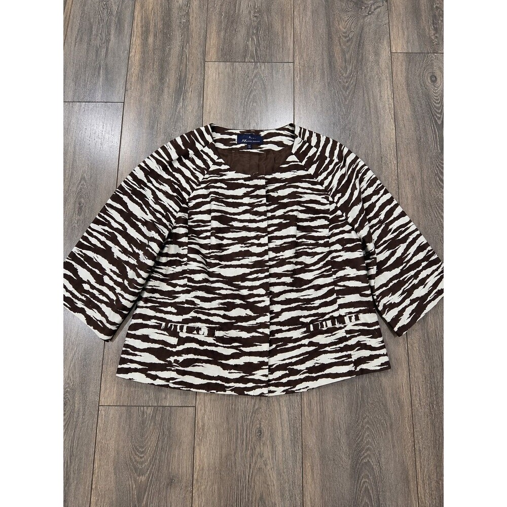 AK Anne Klein Womens 16W Brown White Zebra Print Stretch Lined Jacket
